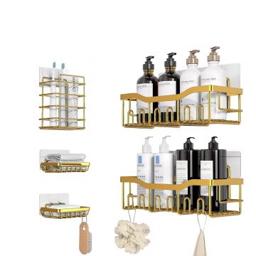 Raft pentru Duș și Organizator de Baie, Set de 5 Bucăți cu Adeziv, Fără Găuri, Auriu - Default Title