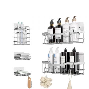 Raft pentru Duș și Organizator de Baie, Set de 5 Bucăți, Oțel Inoxidabil, Cu Adeziv, Fără Găuri, Argintiu - Default Title