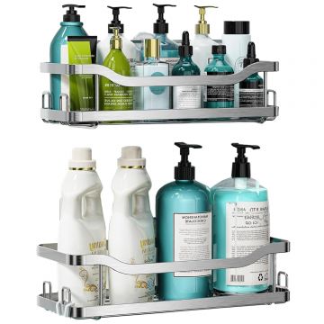 Set 2 rafturi de duș, prindere adezivă, organizator baie/bucătărie, oțel inoxidabil, argintiu - Default Title