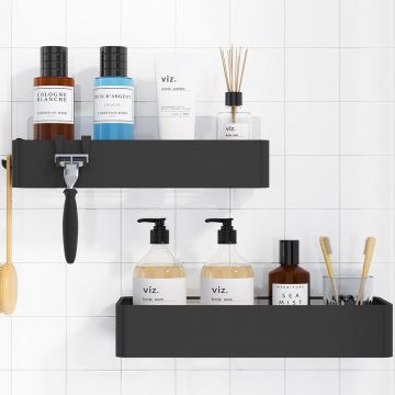 Set 2 Rafturi de Dus Elindor® Polita cu Adeziv, Etajera de Baie, din Inox, Suport Prosop, Raft Organizator, Etajere Depozitare in Bucatarie, Accesorii, 30 x 11.7 x 5.5 cm, Negru - Default Title