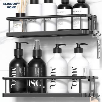 Set 2 Rafturi de Dus Elindor® Polita cu Adeziv, Etajera de Baie, Raft cu Carlige, din Metal, Suport Prosop si Sapun, Organizator Baie sau Etajere Depozitare in Bucatarie, Accesorii, 31.5 x 11 x 6.5 cm, Negru - Default Title