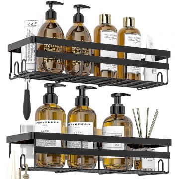 Set 2 rafturi duș, prindere adezivă, fără găuri, organizator baie/bucătărie, negru - Default Title