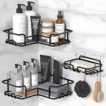 Set 3 Rafturi de Dus Elindor® Polita cu Adeziv, Etajera de Baie pentru Colt, Raft cu Carlige, Suport Prosop si Sapun, din Inox, Organizator Baie sau Etajere Depozitare in Bucatarie, Accesorii, 23 x 8.3 x 23 cm, Negru - Default Title