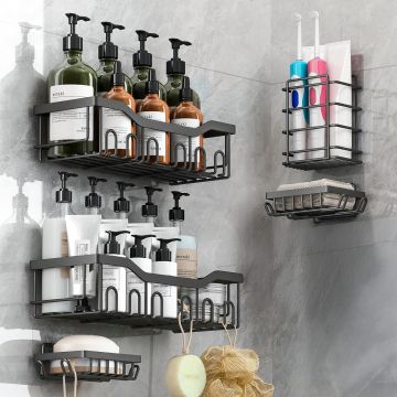 Set 5 Etajere Rafturi Pentru Baie Elindor® Fara Gaurire, Otel Inoxidabil, Fixare Adeziva, Negru - Default Title