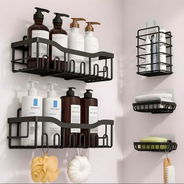 Set 5 Rafturi de Dus Elindor® Polita cu Adeziv, Etajera de Baie pentru Colt, Raft cu Carlige, din Otel Carbon, Suport Prosop si Sapun, Organizator Baie sau Etajere Depozitare in Bucatarie, Accesorii, 14 × 32.3 × 10.5 cm, Negru - Default Title