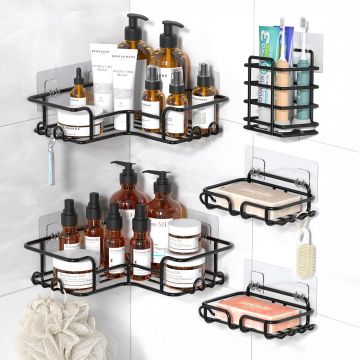 Set 5 Rafturi de Dus Elindor® Polita cu Adeziv, Etajera de Baie pentru Colt, Raft cu Carlige, din Otel Carbon, Suport Prosop si Sapun, Organizator Baie sau Etajere Depozitare in Bucatarie, Accesorii Sanitare, Negru - Default Title