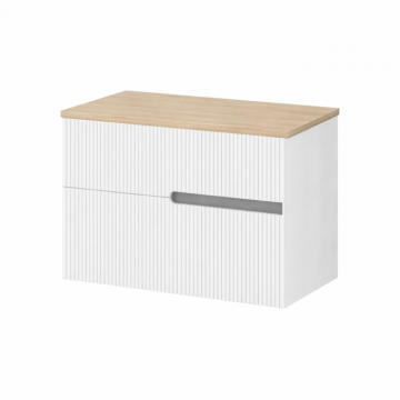 Set dulap baie 60 cm pentru lavoar pe blat, alb cu riflaje, Fluminia, Malta  si blat stejar  Cersanit Modo