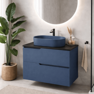 Set mobilier 60 cm albastru inchis baie,  lavoar din compozit cu monatre pe blat