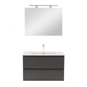 Set mobilier baie antracit cu lavoar ceramic 80 cm si oglinda 60x80 cm, Leziter Vario Forte