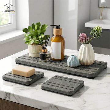 Set Tavi Absorbante Elindor® din Piatra, Diatomit, Uscare Rapida, Anti-Alunecare, pentru Chiuveta si Blat, Design Striat, 3 Piese, 21 x 10 cm si 10 x 10 cm, Gri Inchis - Default Title