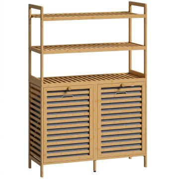 HOMCOM Dulap pentru Rufărie Dublu Rabatabil, Bambus, 2 Coșuri, 3 Rafturi, Culoare Stejar | Aosom Romania