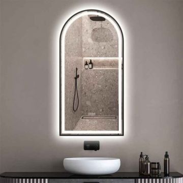 Oglinda baie 50x100 cm, cu dezaburire, ceas, bluetooth  si lumina interna si ambientala, rama neagra, Fuminia Cosimo