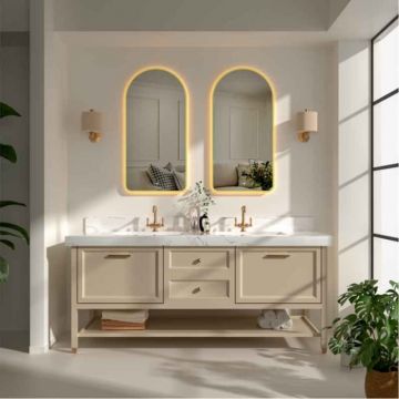 Oglinda baie 50x100 cm cu LED, dezaburire si lumina ambientala, rama din aluminiu aurie, Fluminia Gaudi