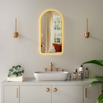 Oglinda baie 50x100 cm, dezaburire, ceas si bluetooth, lumina interna si ambientala, rama bronz, Fuminia Cosimo