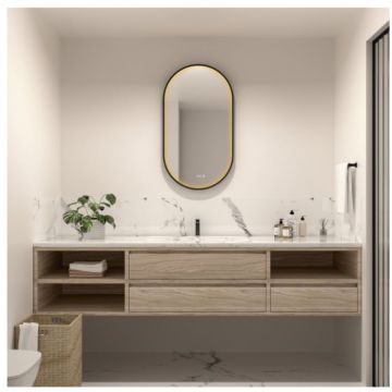 Oglinda baie 50x100 cm, dezaburire, ceas si iluminare perimetrala cu difuzor acrilic, rama neagra, Fluminia Canaria