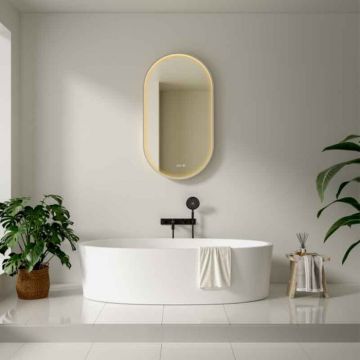 Oglinda baie 50x90 cm, dezaburire, ceas si iluminare perimetrala, rama alba, Fluminia Canaria