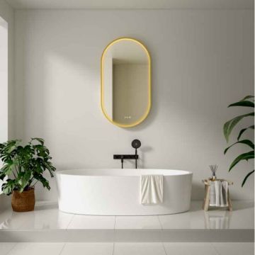 Oglinda baie 50x90 cm, dezaburire, ceas si iluminare perimetrala, rama aurie, Fluminia Canaria
