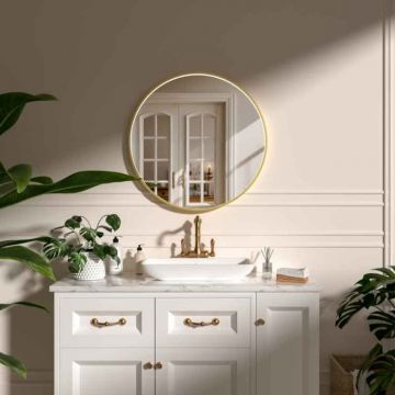 Oglinda baie 70 cm cu dezaburire, ceas si iluminare perimetrala, rama aurie, Fluminia Aster