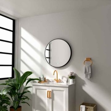 Oglinda baie 80 cm cu dezaburire, ceas si iluminare perimetrala, rama neagra, Fluminia Aster