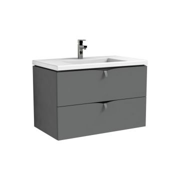 Set dulap baza suspendat gri cu 2 sertare Oristo Siena si lavoar din compozit Amelia 80 cm