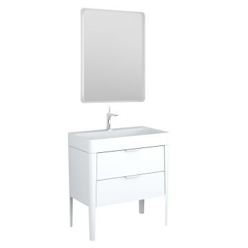 Set dulap pe pardoseala alb Krofam Vibe 80 cm, lavoar incastrat Krofam Vibe 80 cm alb si oglinda