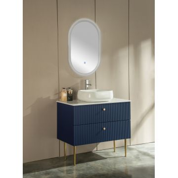 Set mobilier pentru baie, Astoris Albastru 90 cm, 3 piese, Mobilier + Lavoar + Oglinda Led