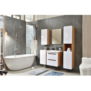 Set mobilier pentru baie din MDF, Torch Alb / Stejar, 57 cm, 6 piese