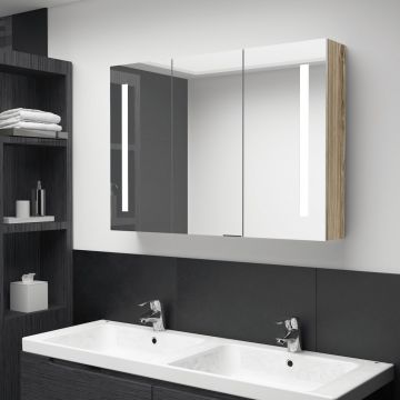 vidaXL Dulap de baie cu oglindă și LED, stejar, 89x14x62 cm