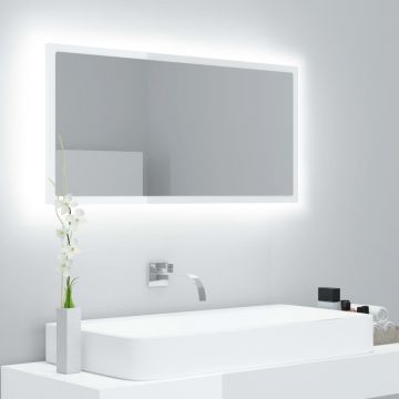 vidaXL Oglindă de baie cu LED, alb extralucios, 90x8,5x37 cm, acril