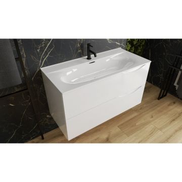 Set dulap baza suspendat Rune Asger 2 sertare 80 cm alb lucios si lavoar alb