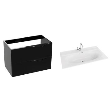 Set dulap baza suspendat Rune Asger 2 sertare 80 cm negru lucios si lavoar alb