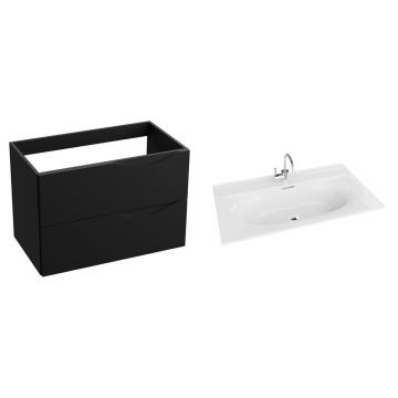 Set dulap baza suspendat Rune Asger 2 sertare 80 cm negru mat si lavoar alb