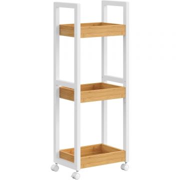 Carucior de baie, raft ingust cu roti, bambus si MDF, 20x30x80 cm, alb si maro natur