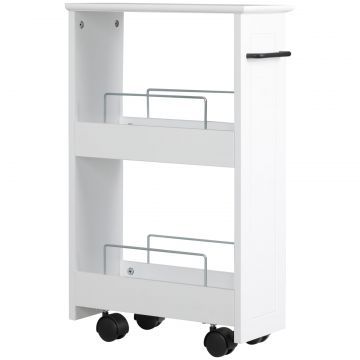 Carucior multifunctional pentru economisirea spatiului pentru baie si bucatarie, carucior din lemn MDF cu roti pivotante si maner, 42,5x20,3x66,7cm,