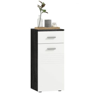 Dulap Baie din Lemn cu Sertar si Rafturi, Design Alb si Negru
