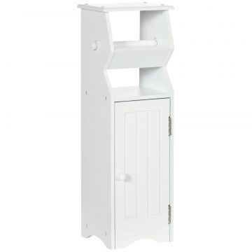 Dulap de Baie cu Economie de Spatiu din MDF Alb cu Compartiment pentru Hartia Igienica si Dulapior, 19x15x56 cm