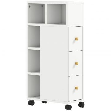 Dulap de baie cu economisire de spatiu, pe roti, 3 sertare si 5 rafturi reglabile, 20x40x80 cm, alb