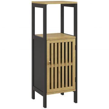 Dulap de Baie cu Raft Deschis si Dulapior, din MDF si Bambus, 32x30x90,5 cm, Negru si culoare Lemn