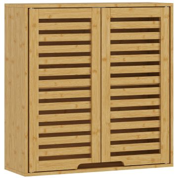 Dulap de Baie cu Raft Intern Reglabil si Usi Tip Lama, din Bambus, 60x20x60 cm, Culoare Lemn