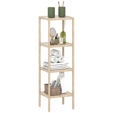 Dulap de Baie Modern cu 4 Rafturi Anti-Rasturnare, Dulap de Baie din Bambus si Lemn, 33x31x110 cm, Lemn Natural