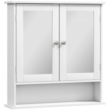 Dulap de Baie Suspendat cu 2 Usi cu Oglinda si Raft Deschis, 56x13x58 cm, Alb
