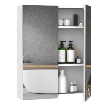 Dulap de Baie Suspendat cu Doua Usi Frontale, Oglinda si 2 Rafturi Interioare din MDF, 60x15x75 cm, Alb