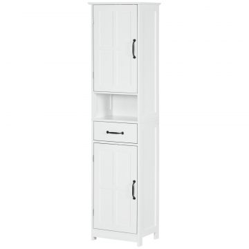 Dulap de Baie Tip Coloana din Lemn cu Raft Deschis, Sertar si 2 Dulapuri, 40x30x164 cm, Alb
