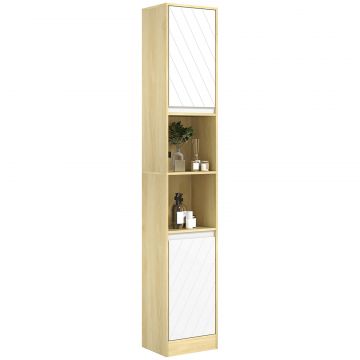 Dulap inalt de Baie Spatios, Mobilier de Baie cu 2 Dulapuri si Rafturi Reglabile, 30x24x170 cm, Lemn Natural