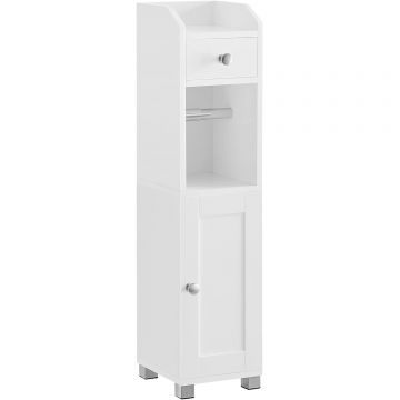 Dulap mic de depozitare pentru baie, din MDF, cu suport pentru hartie igienica, 20x18x77 cm, alb