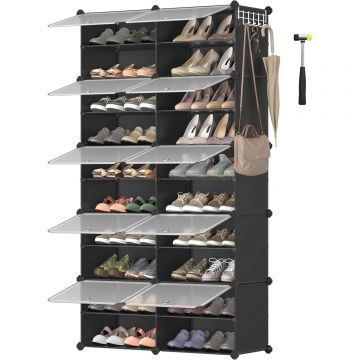Dulap modular pantofi cu 10 compartimente, cu usi transparente, 83x32x156 cm, negru