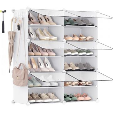 Dulap pantofi modular 6 compartimente, cu usi si cadru metalic, organizator incaltaminte, 32x124x94 cm, alb
