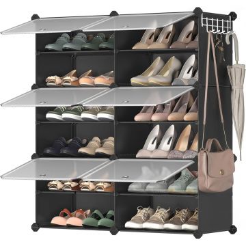 Dulap pantofi modular cu 6 compartimente, panouri plastic si cadru metalic, 83x32x94 cm, pana la 24 perechi, negru