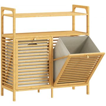 Dulap pentru rufe cu 2 cosuri de 41L si 2 rafturi, din bambus si poliester, 82x33x88 cm, culoare lemn si crem
