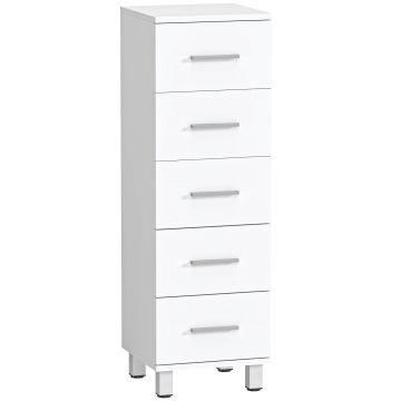 Dulap Slim pentru Baie cu 5 Sertare, Dulap Compact cu Manere Moderne, Comoda ingusta pentru Camera, Bucatarie sau Hol, 30x30x95 cm, Alb